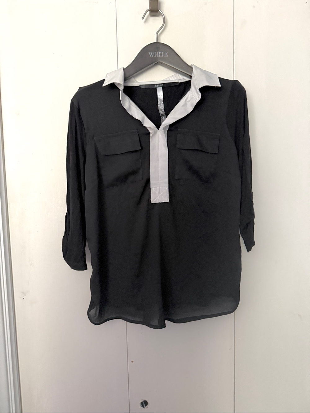 Kensie Black Blouse with White Collar and Placket